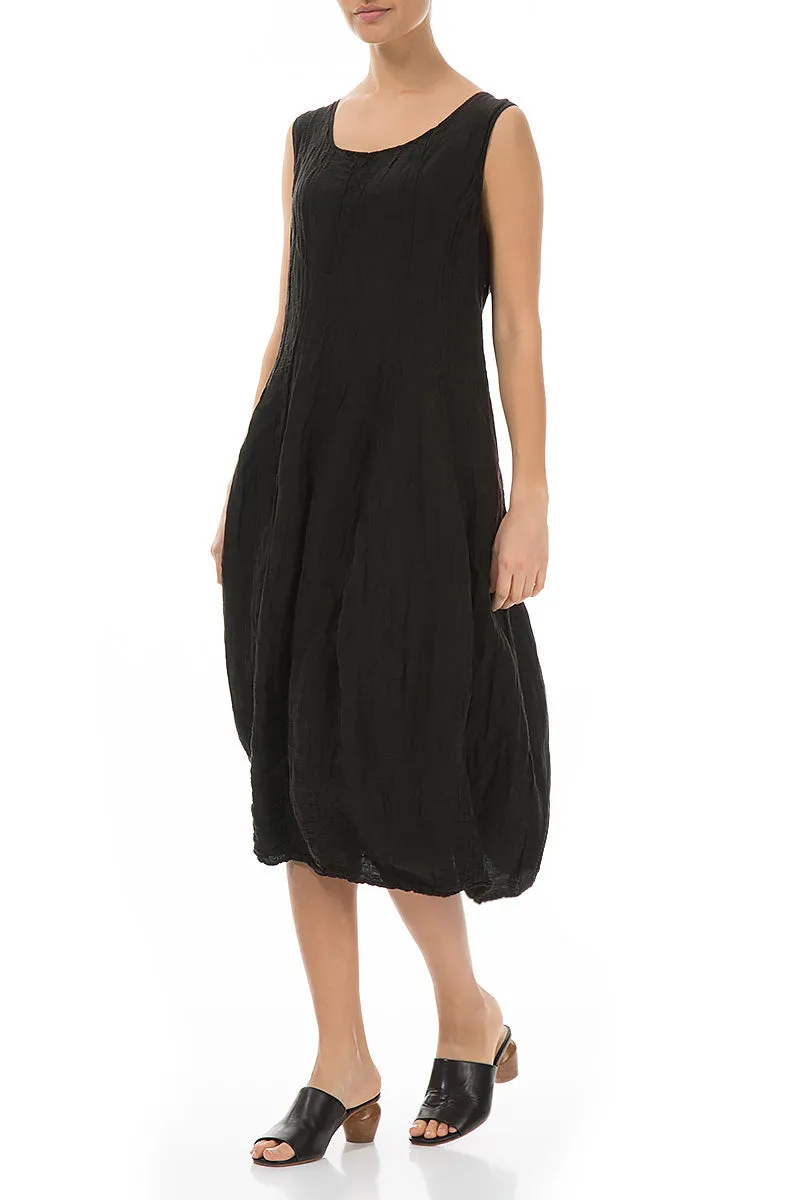 Seamless Sleeve Construction Pure Fit Sleeveless Balloon Crinkled Black Silk Dress