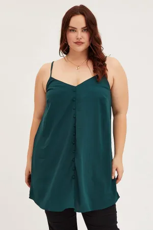 Blue Green Button Front Singlet Top Soft Jersey Luxury Core