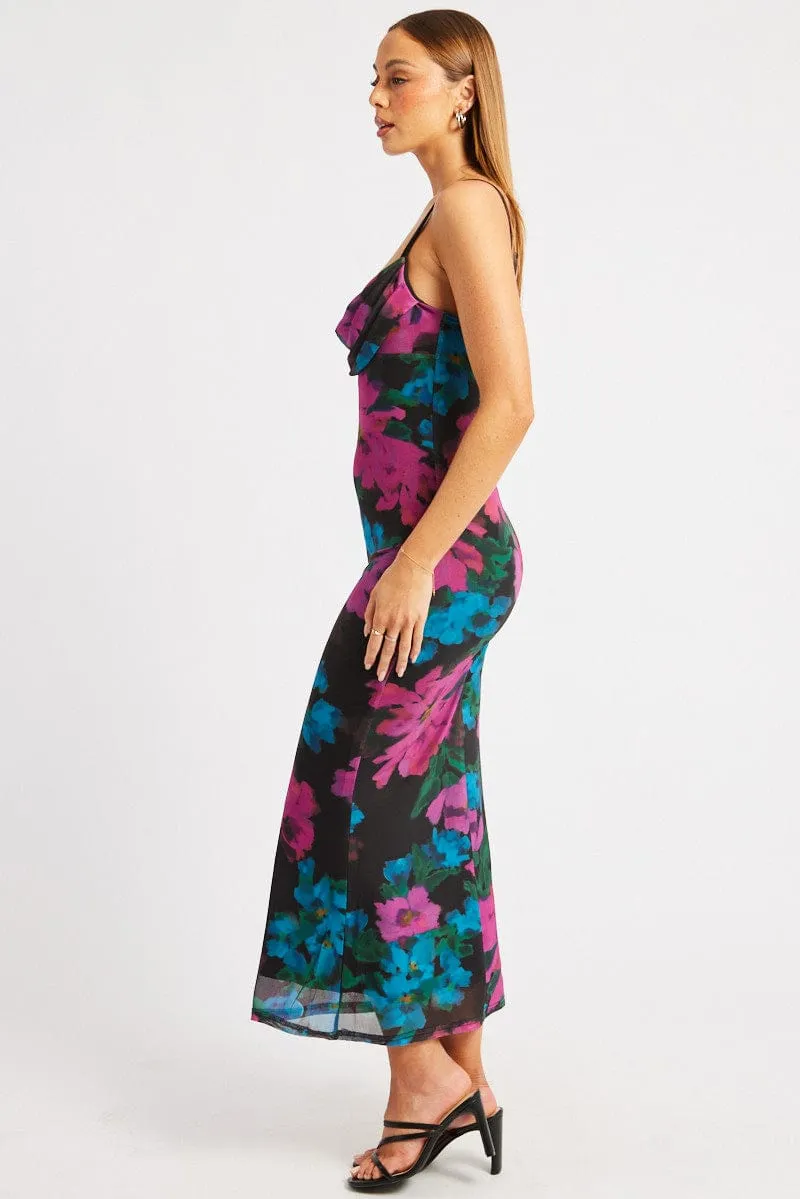 Pink Floral Bodycon Dress Singlet Cowl Neck Maxi Classic Design