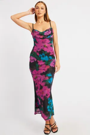 Pink Floral Bodycon Dress Singlet Cowl Neck Maxi MultiPanelDesign
