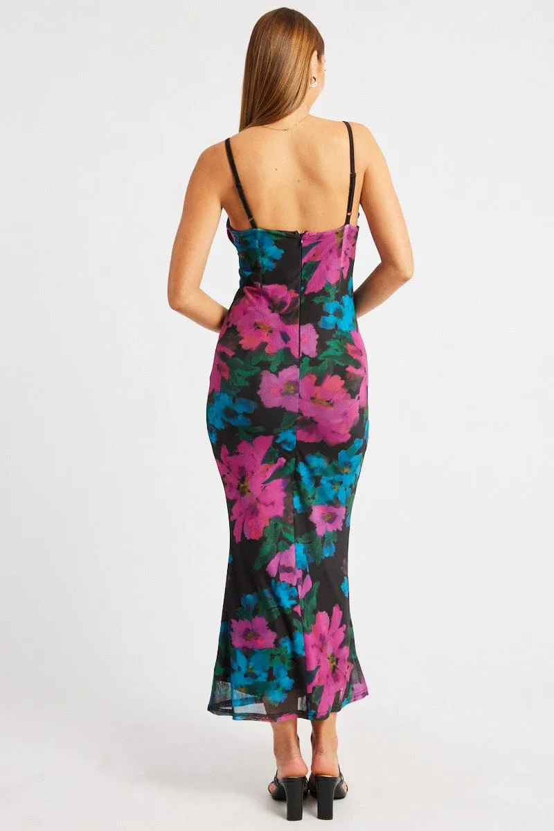 ThermalInsulated VersatileStyle Pink Floral Bodycon Dress Singlet Cowl Neck Maxi