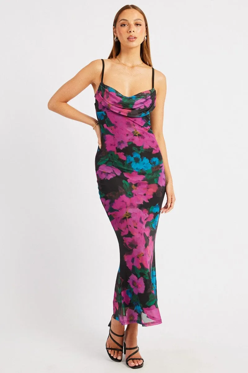 Antibacterial lining Collapsible Hood Pink Floral Bodycon Dress Singlet Cowl Neck Maxi