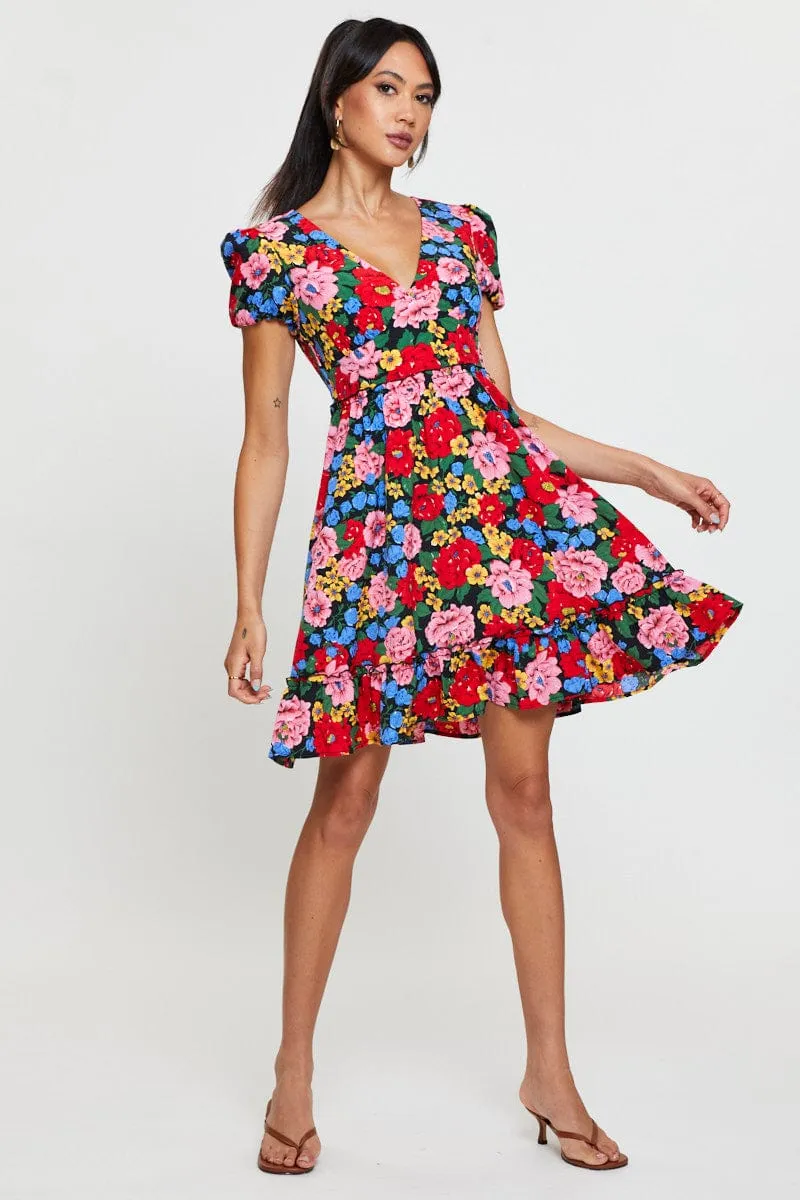 Print Fit And Flare Dress Short Sleeve V Neck Weekend Look City Beat
