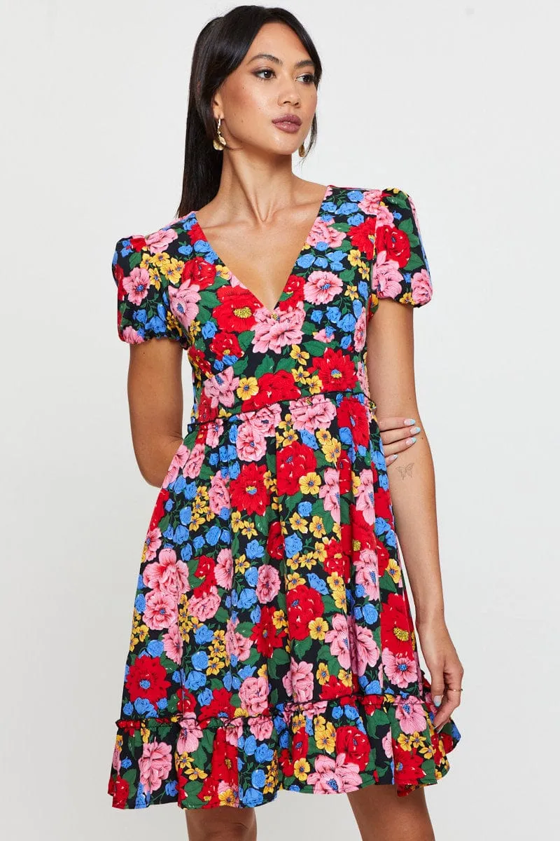 Dad Core Stream Fit Print Fit And Flare Dress Short Sleeve V Neck