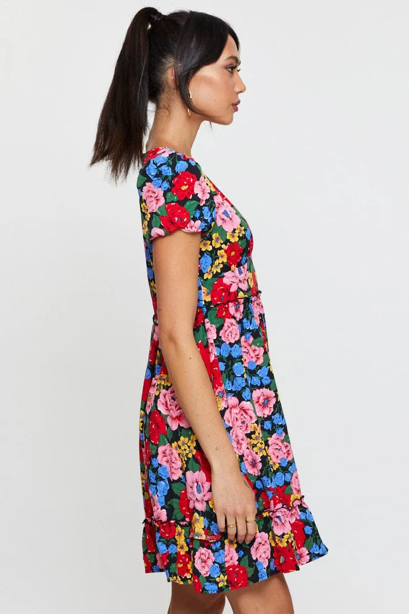Creative Flow smooth zipper Print Fit And Flare Dress Short Sleeve V Neck
