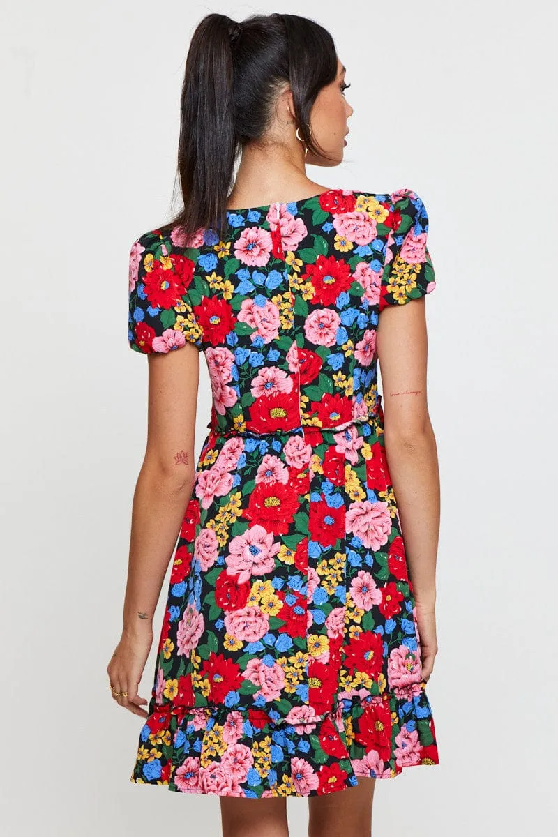 Print Fit And Flare Dress Short Sleeve V Neck Conscious Fit OdorResistant Fabric