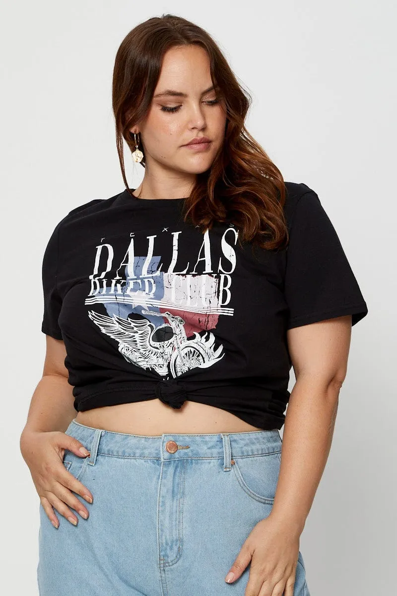WrinkleResistant Texture Black Graphic T-shirt Crew Neck Short Sleeve