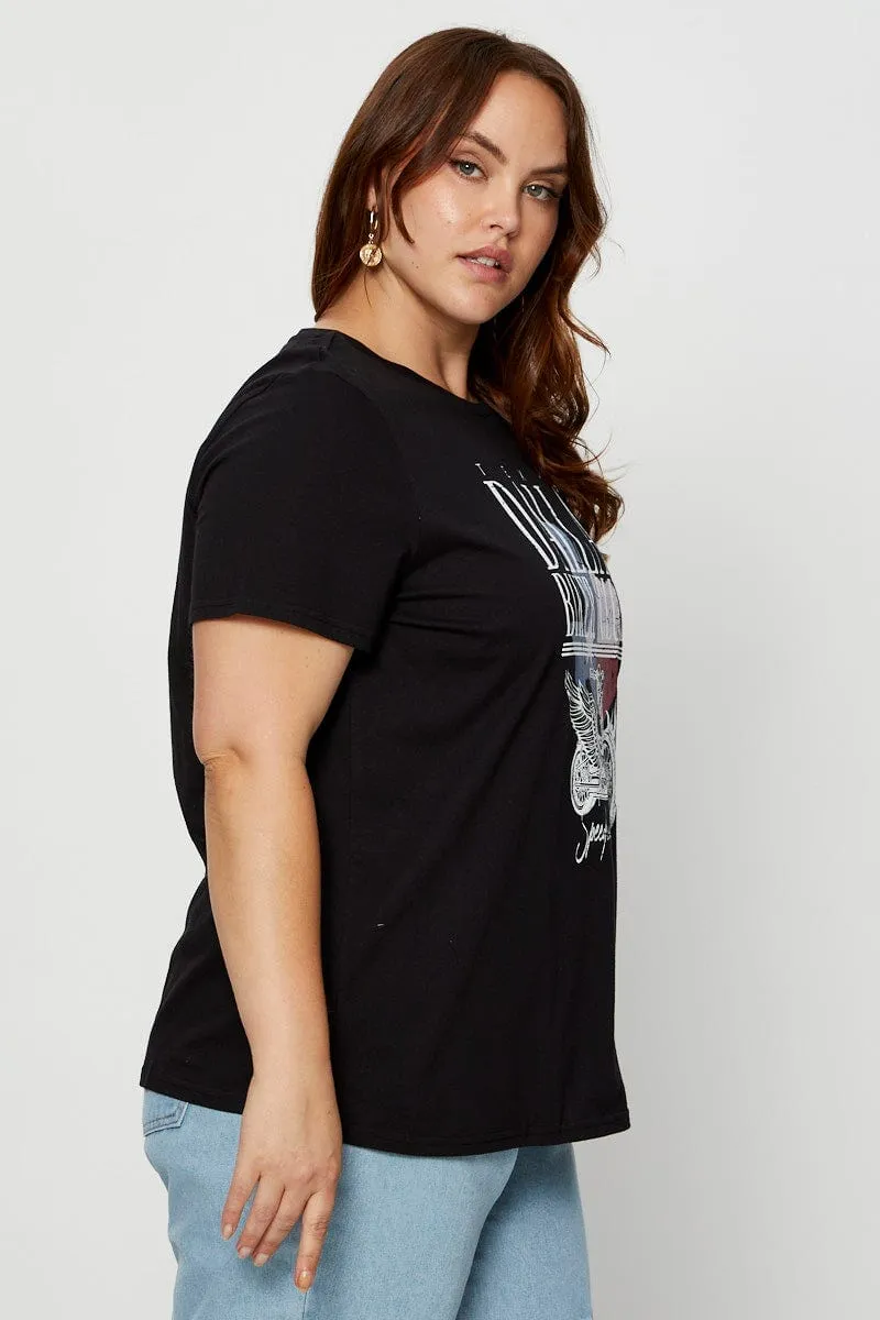 Black Graphic T-shirt Crew Neck Short Sleeve Cool Layering