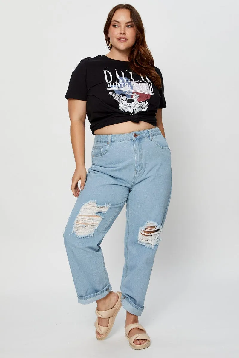 Black Graphic T-shirt Crew Neck Short Sleeve Garment Dyed Finish Anti-pilling