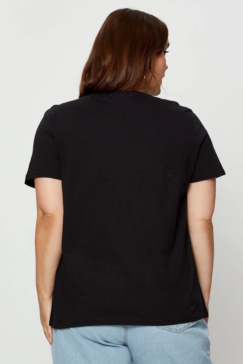 Non Irritating Seams Black Graphic T-shirt Crew Neck Short Sleeve
