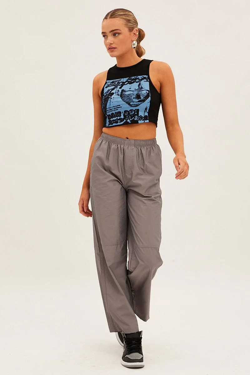 Train Ease Cozy Pajama Pants Black Graphic Crop Tank