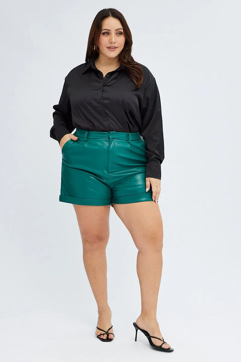 Green Cuffed Shorts Faux Leather Elastic Back Casual Fashion
