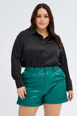 Green Cuffed Shorts Faux Leather Elastic Back Flexible Waistband Eco Core