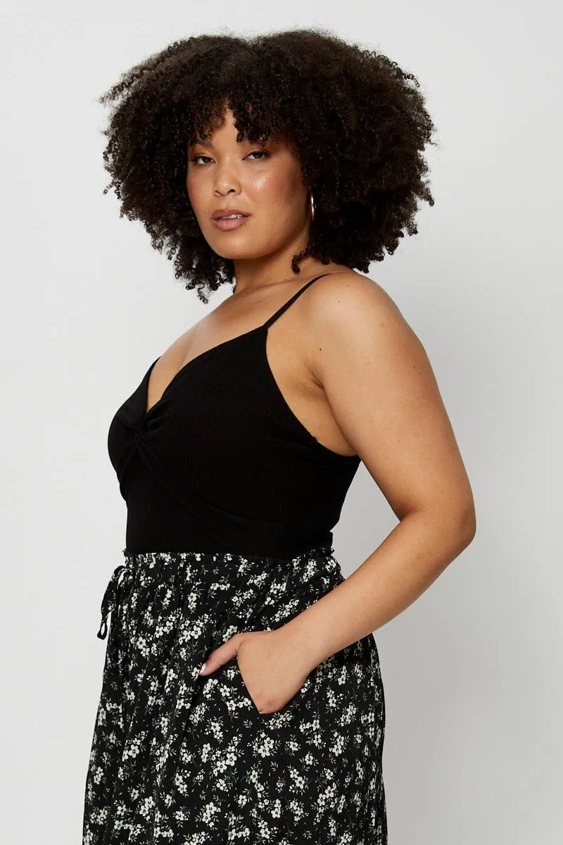 Versatile Fashion Black Jersey Bodysuit Twist Front V-neck