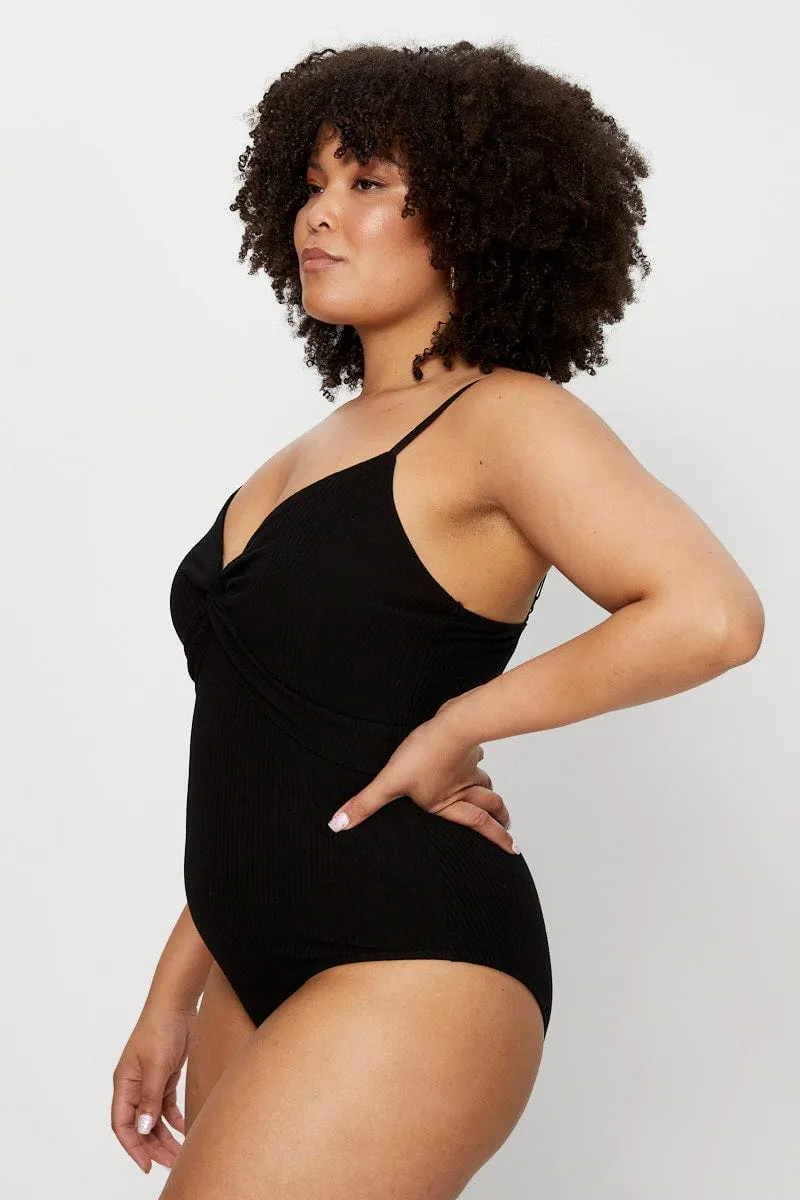 Black Jersey Bodysuit Twist Front V-neck Winter Essential