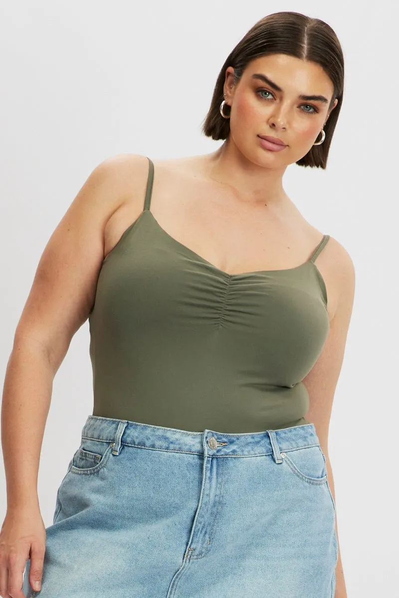 Green Bodysuit Singlet Front Ruched Supersoft Tropical Glow