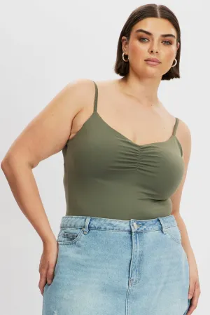 Heart Glow Versatile Fashion Green Bodysuit Singlet Front Ruched Supersoft