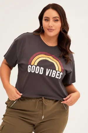 Grey Short Sleeve Crop Good Vibes Cotton T-shirt Micro Perforation