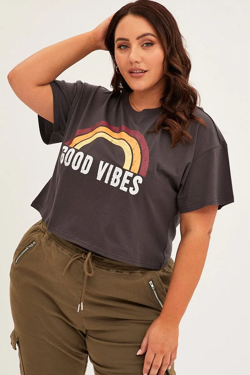 Grey Short Sleeve Crop Good Vibes Cotton T-shirt Relax Trend EcoFriendlyMaterial