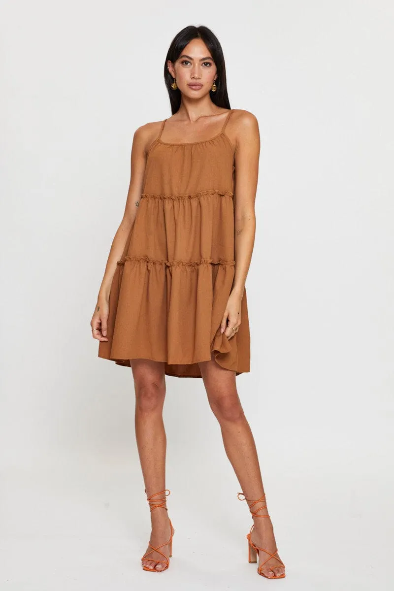 Brown Fit And Flare Dress Sleeveless Tie Shoulder Light Fabric