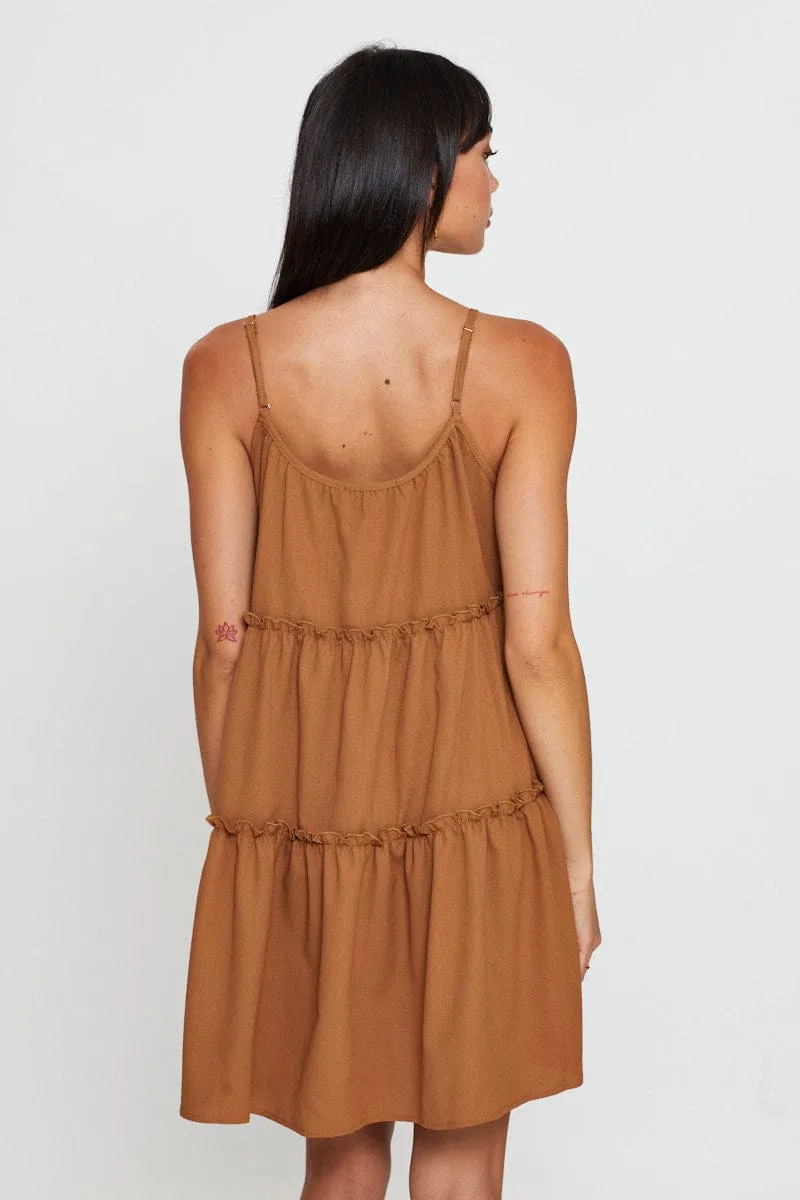 Practical Style Brown Fit And Flare Dress Sleeveless Tie Shoulder
