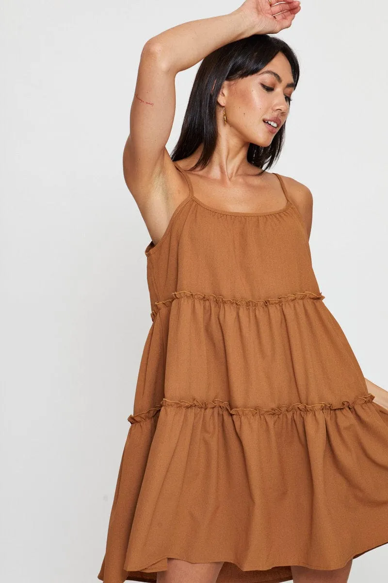 Brown Fit And Flare Dress Sleeveless Tie Shoulder Thick Glow ElasticBinding