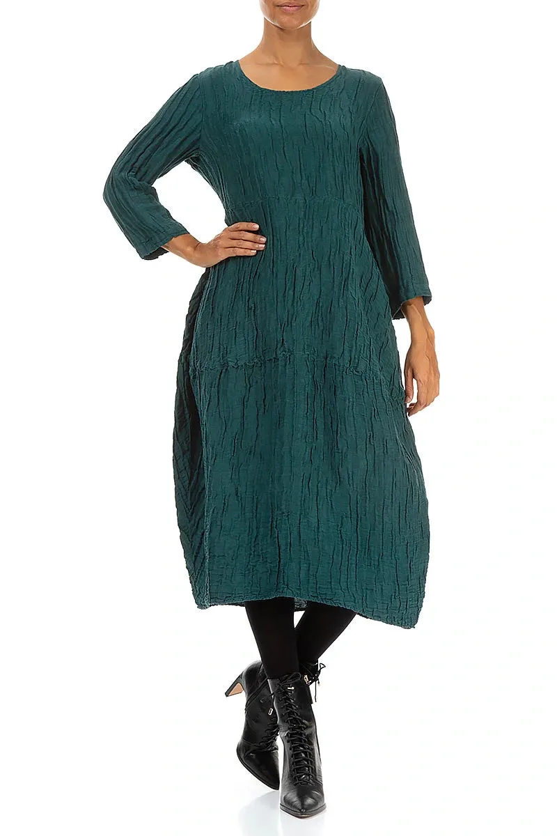 Handmade Glow Balloon Crinkled Peacock Silk Linen Dress