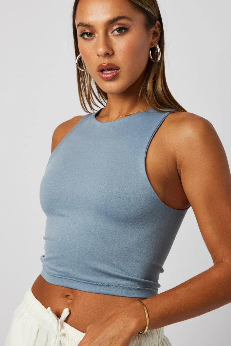 Blue Tank Top Crew Neck Seamless retro look