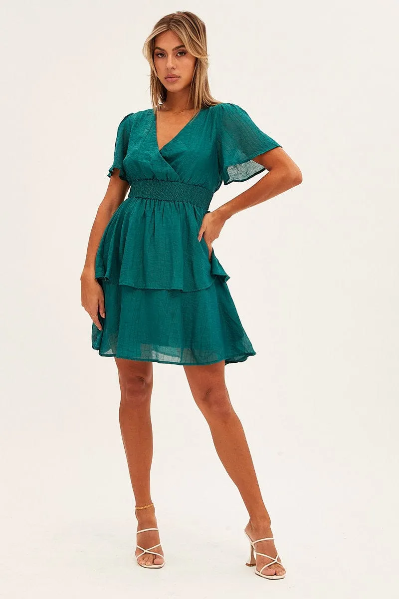 Vision Fit Blue Tiered Dress Flutter Sleeve Wrap Front Tiered Hem