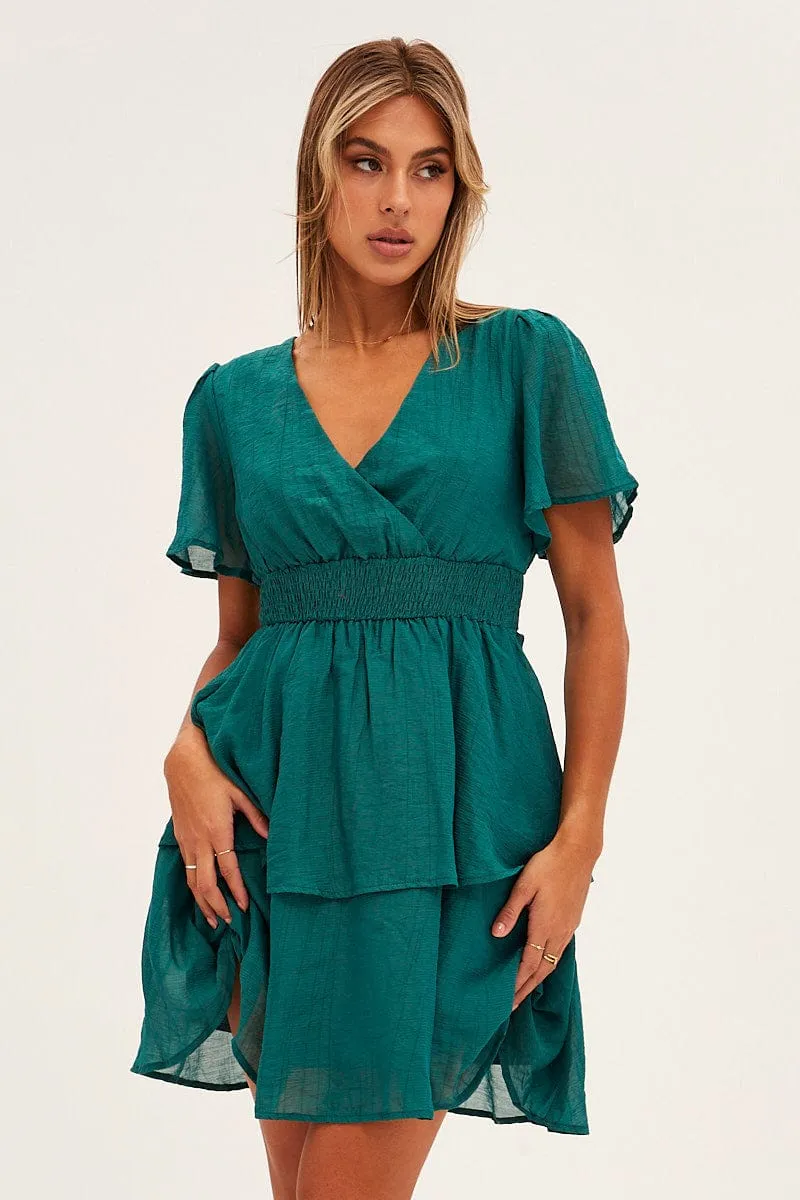 Blue Tiered Dress Flutter Sleeve Wrap Front Tiered Hem EcoFriendlyTextiles