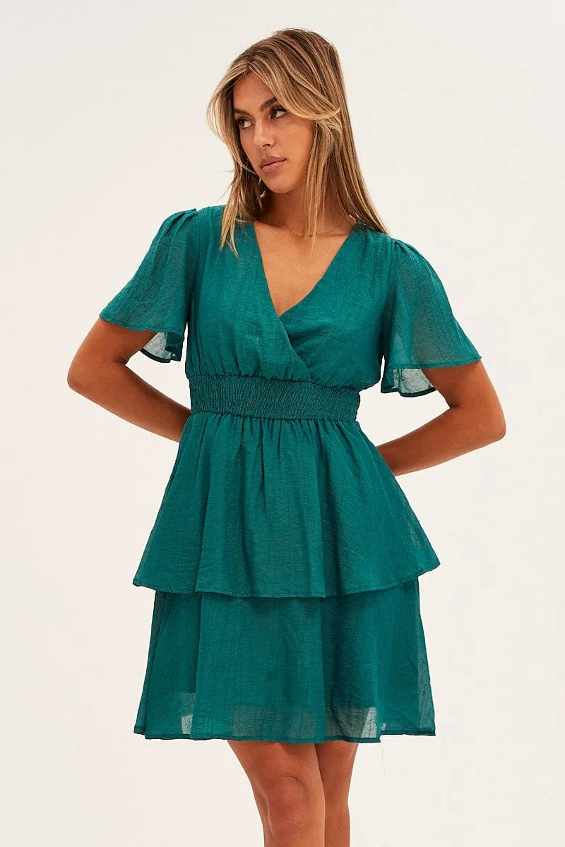 Classic Hoodie Weatherproof Outerwear Blue Tiered Dress Flutter Sleeve Wrap Front Tiered Hem