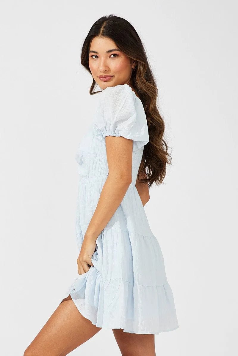 Blue Fit And Flare Dress Puff Sleeve Mini Kind Soul