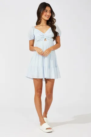 Blue Fit And Flare Dress Puff Sleeve Mini ChafeFree Design