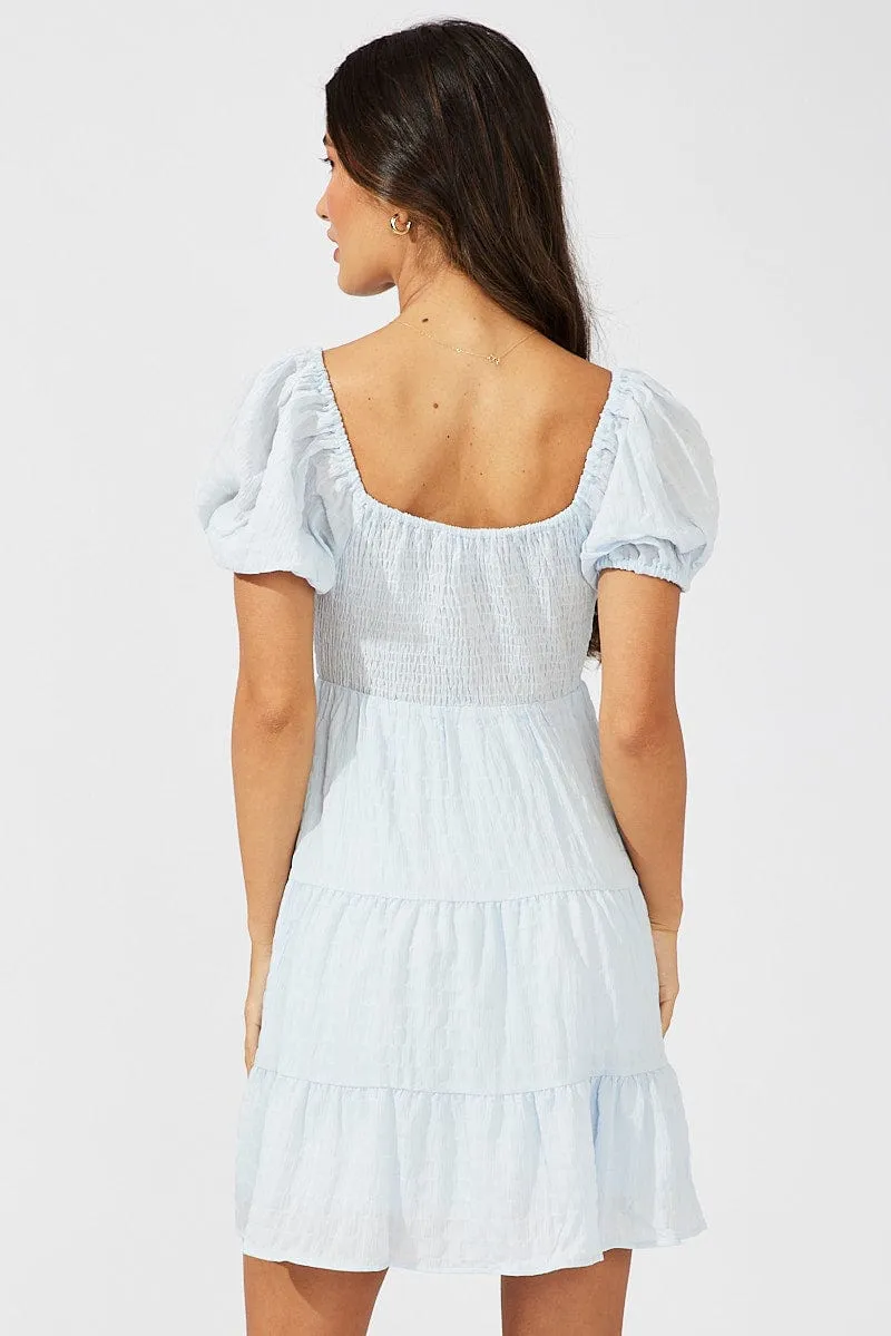 Mediterranean Air Cozy clothing Blue Fit And Flare Dress Puff Sleeve Mini