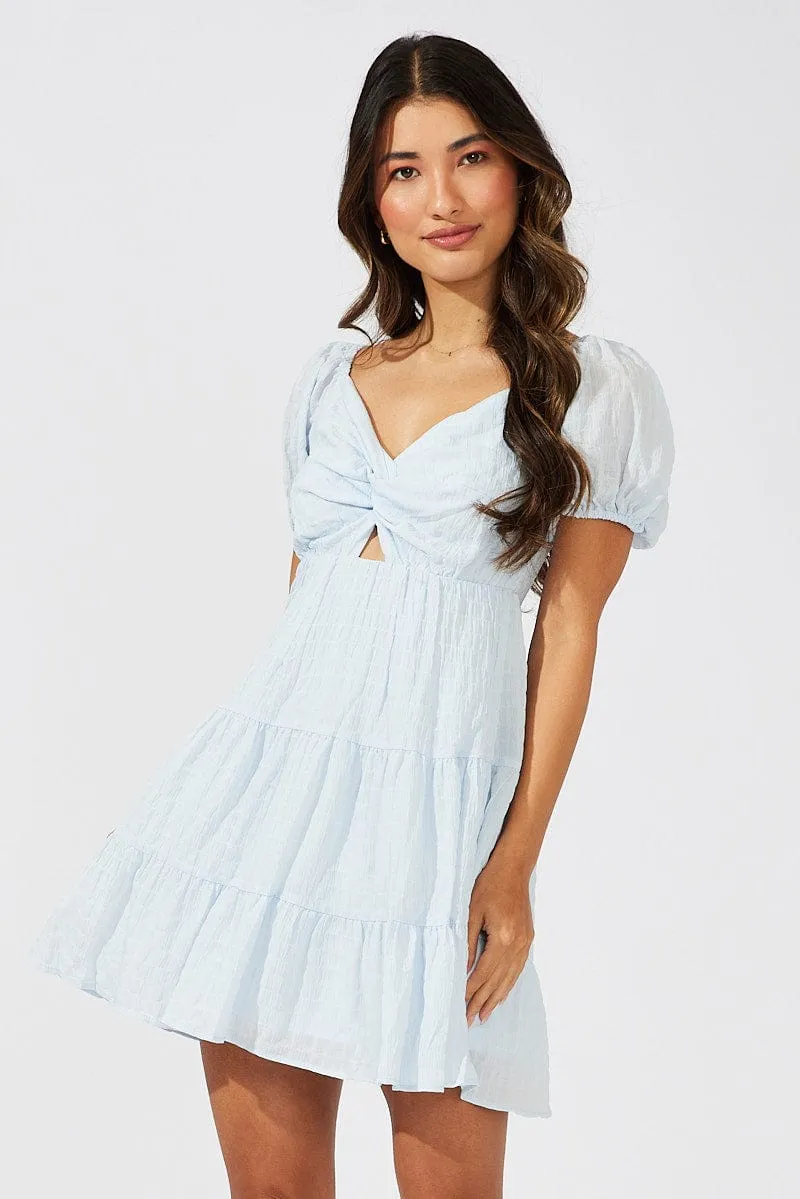 Blue Fit And Flare Dress Puff Sleeve Mini TemperatureRegulating FadeResistant