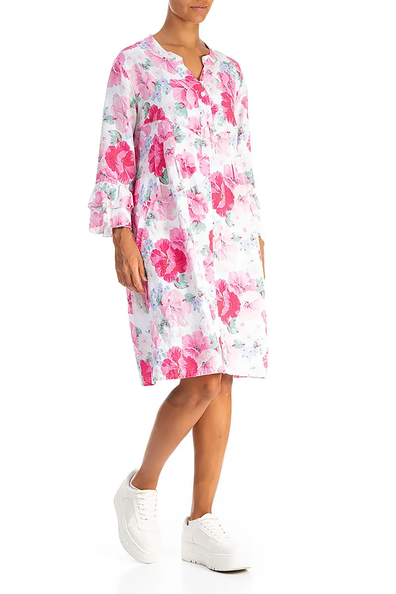 Front Buttons Flared Peony Blossom Linen Dress AdjustableCuffs