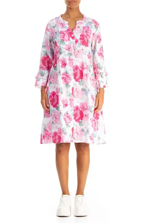 Front Buttons Flared Peony Blossom Linen Dress Fable Core Spark Soul
