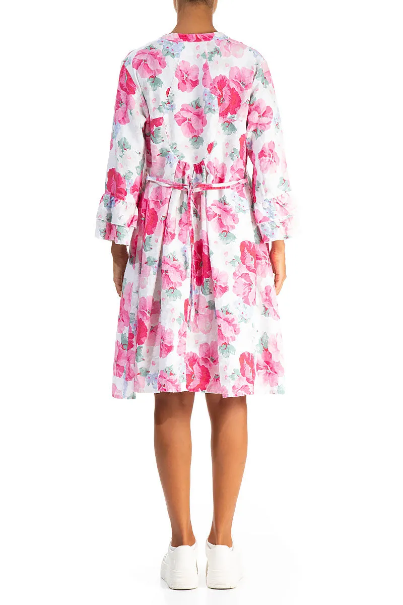 Front Buttons Flared Peony Blossom Linen Dress UV Protection