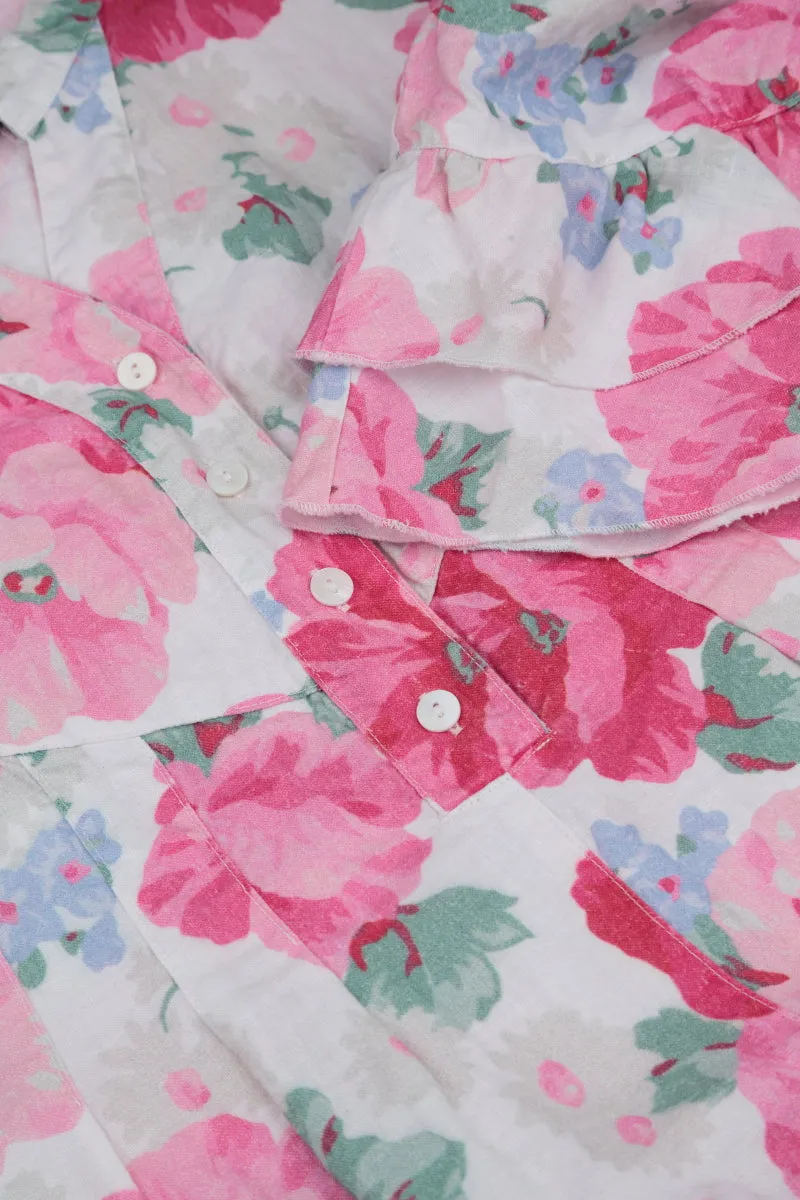 Front Buttons Flared Peony Blossom Linen Dress StainRepellentSurface