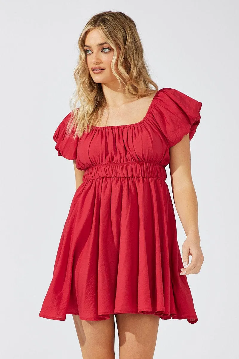Red Fit and Flare Dress Short Sleeve Ruched Outdoor Apparel Timeless Skirt