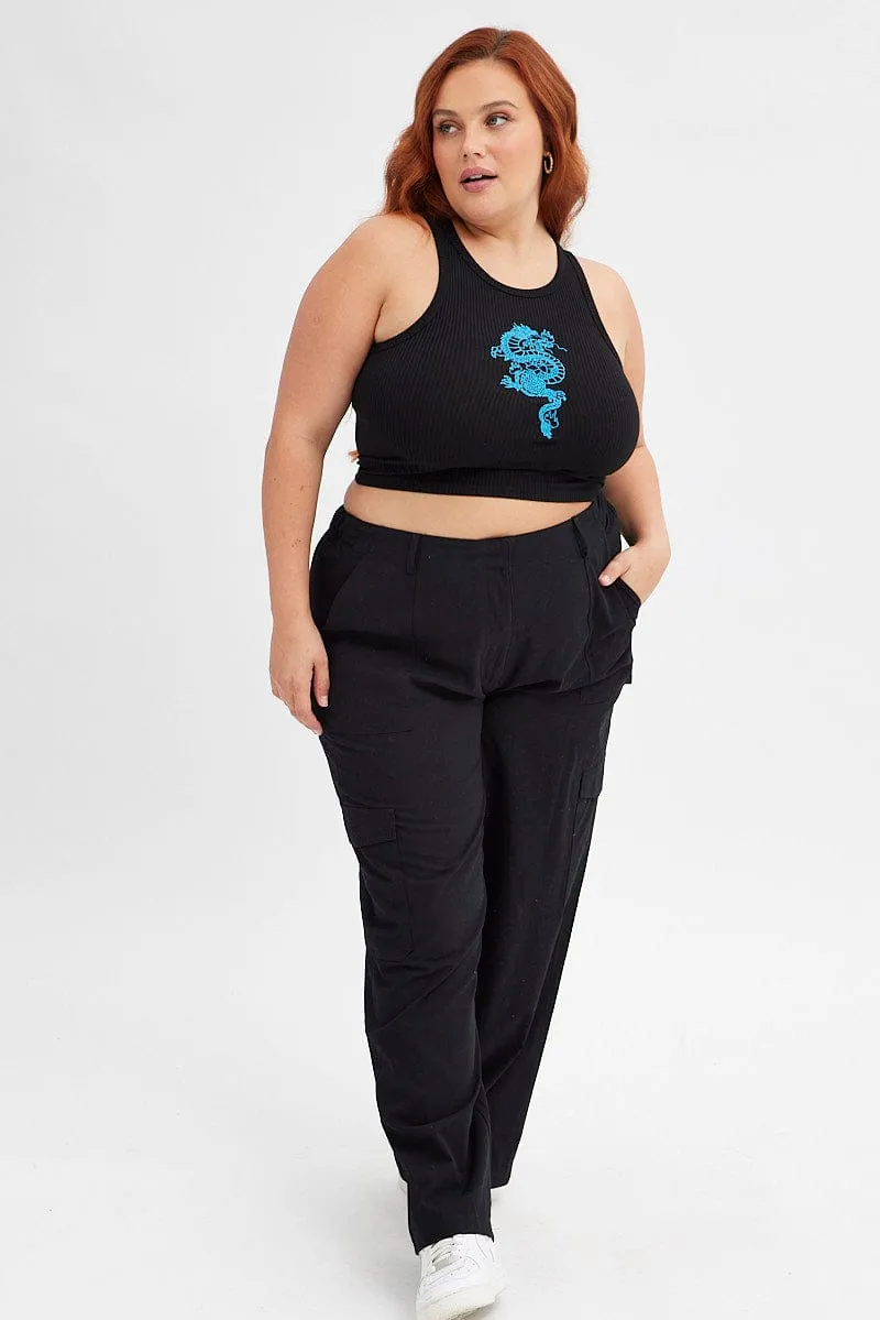 Planet Glow Vintage Style Black Sleeveless Tank Top With Blue Dragon Embroidery