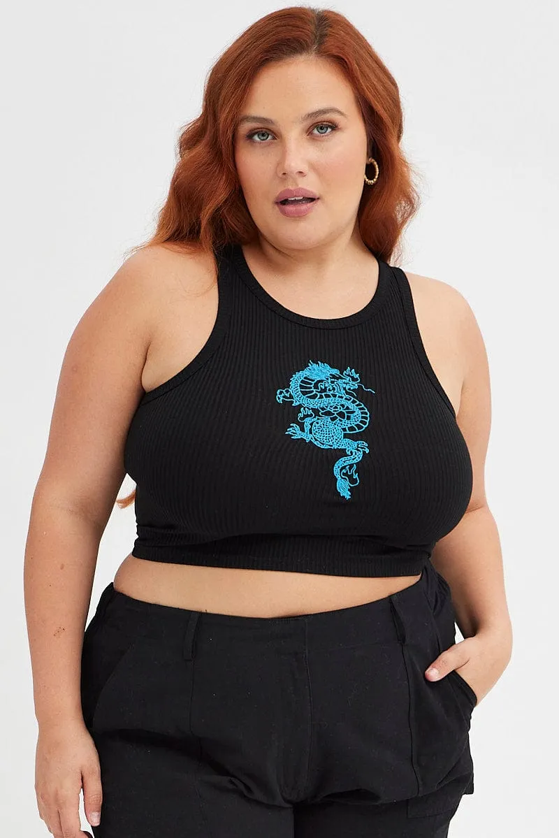 Black Sleeveless Tank Top With Blue Dragon Embroidery Slim Fit Jeans