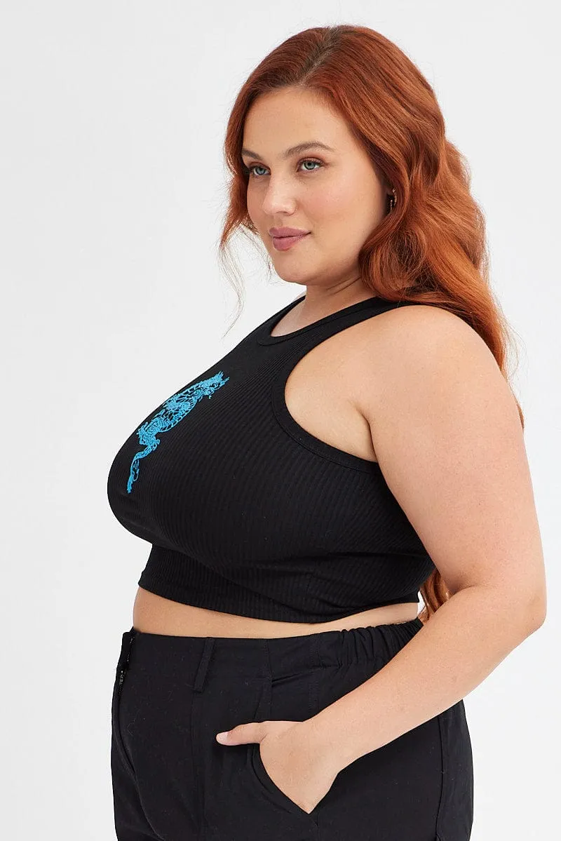 Light Layer Winter Core Black Sleeveless Tank Top With Blue Dragon Embroidery