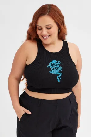 Black Sleeveless Tank Top With Blue Dragon Embroidery Cool Sweater Fine Weave