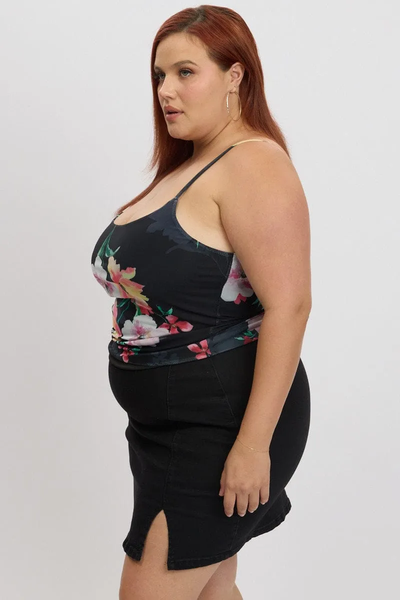 Black Floral Cami Top Sleeveless Mesh OdorControlTech