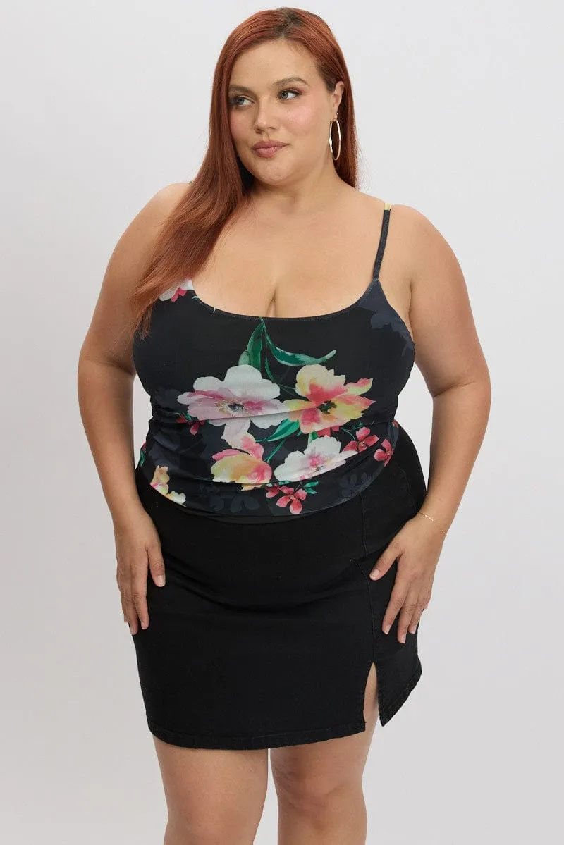 Black Floral Cami Top Sleeveless Mesh Casual Fashion