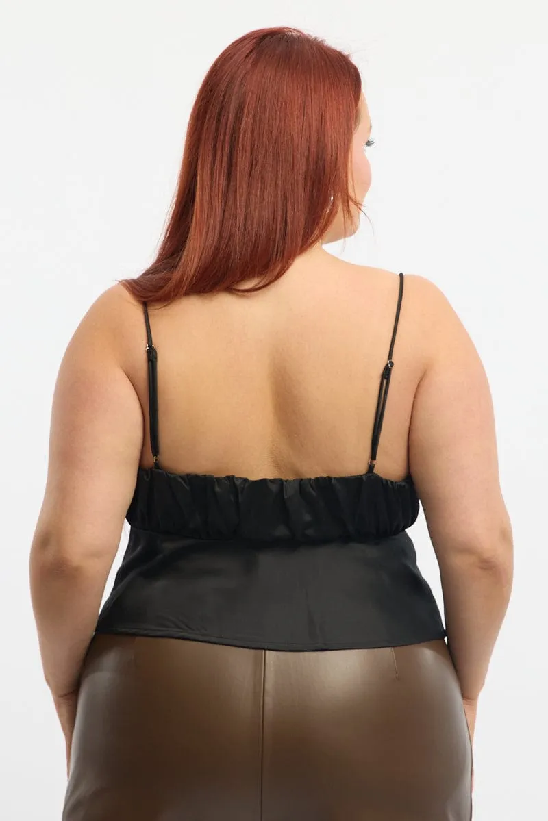 Black Satin Cami Top Ruched Bust Durable Construction