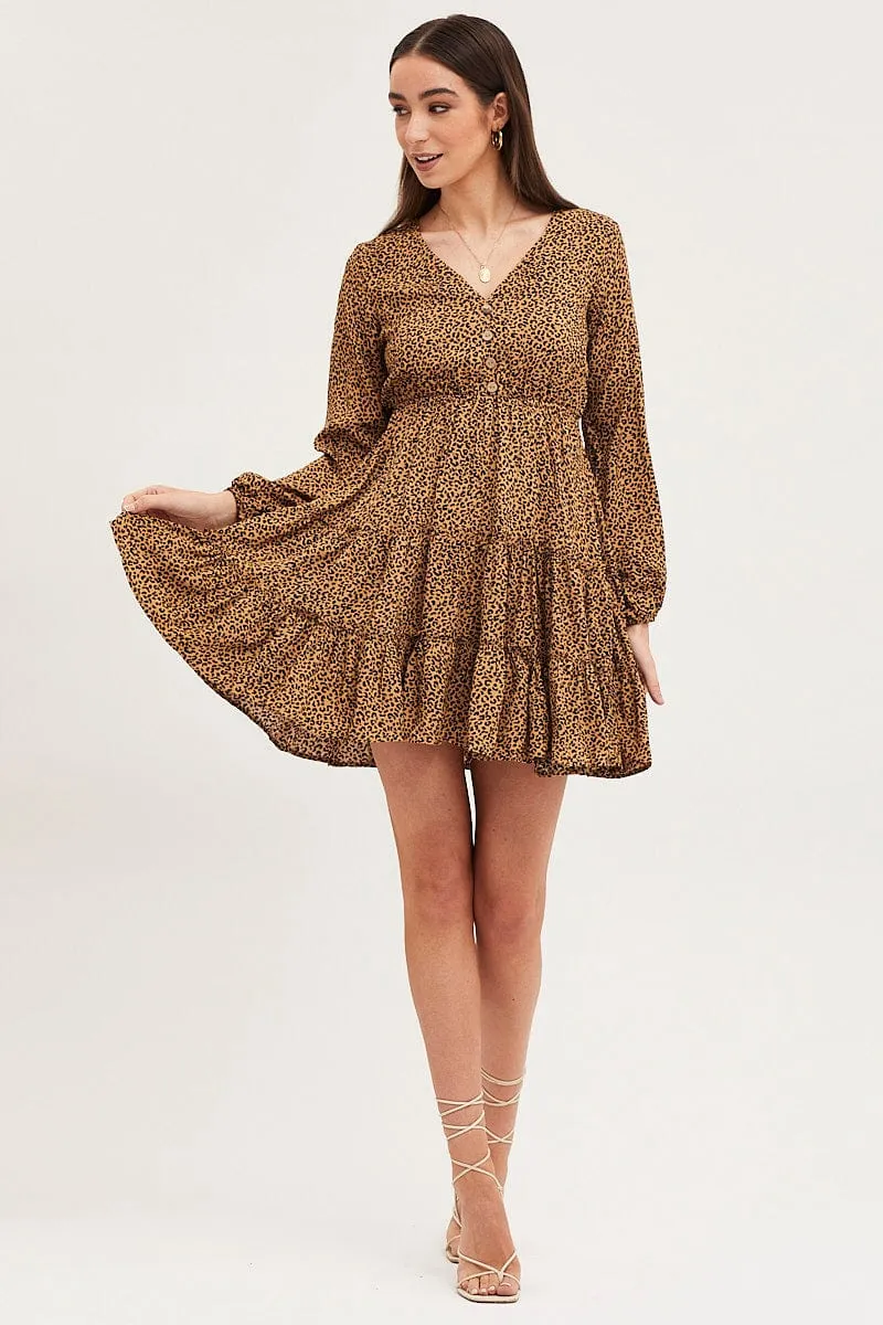 Print Skater Dress Long Sleeve Mini Magnetic Closure