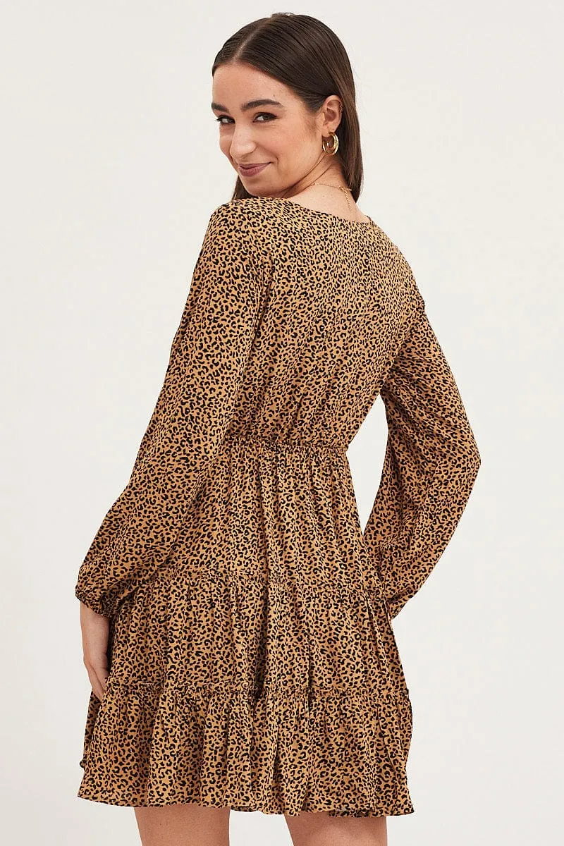 Soft Core WaterRepellentFinish Print Skater Dress Long Sleeve Mini