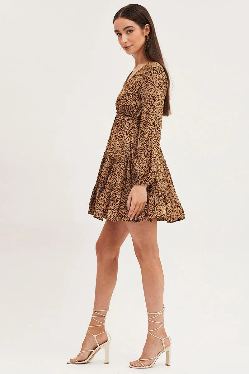 Print Skater Dress Long Sleeve Mini NoSlipWaistband